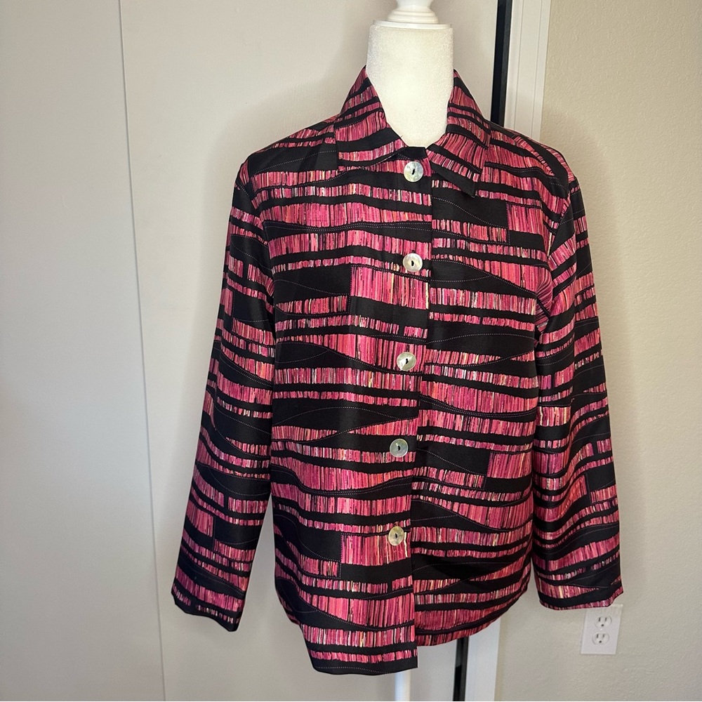 Vintage Mirasol Women’s Pink and Black Striped Blouse Light Jacket M Retro 90s